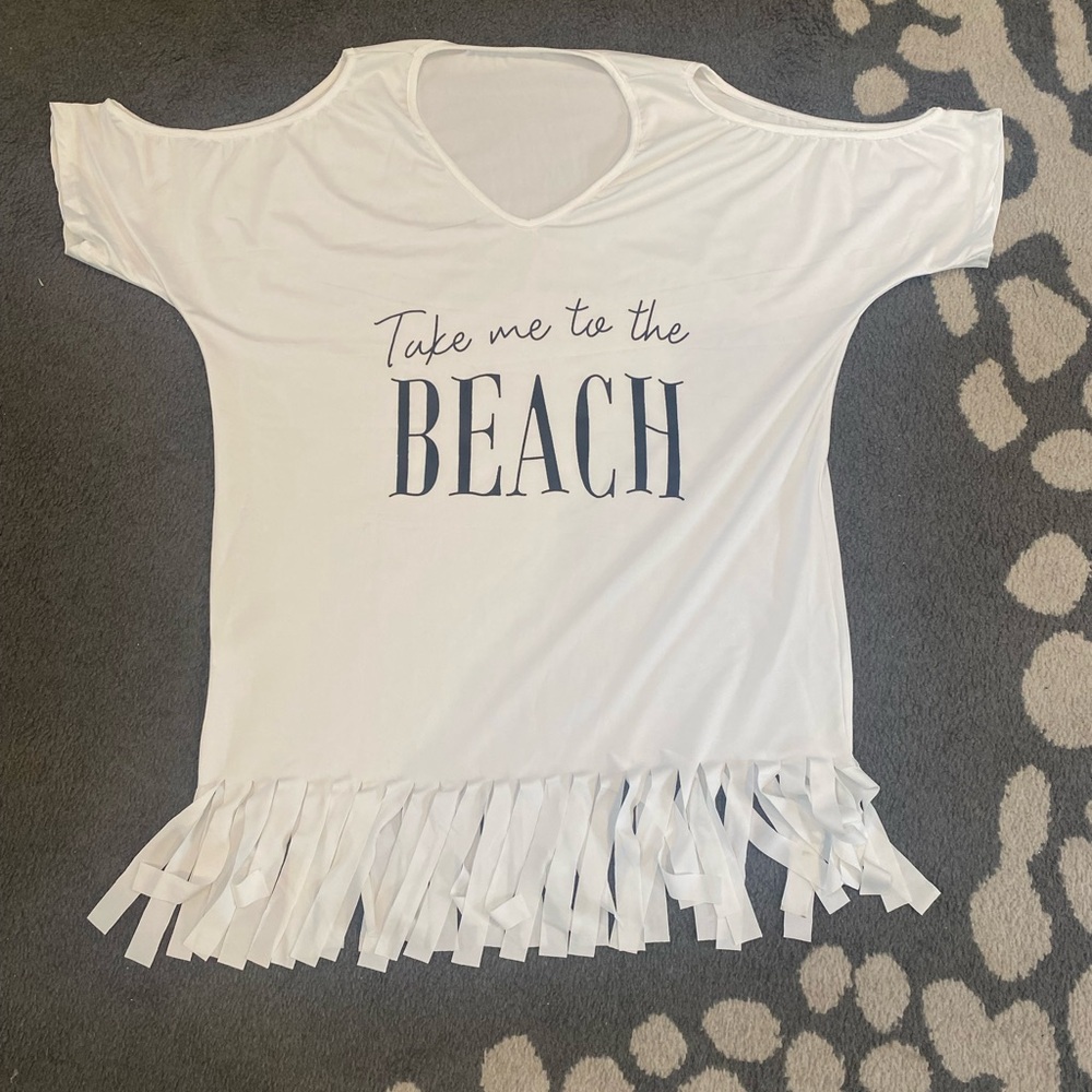 New Take Me to the Beach White Fringe Tee